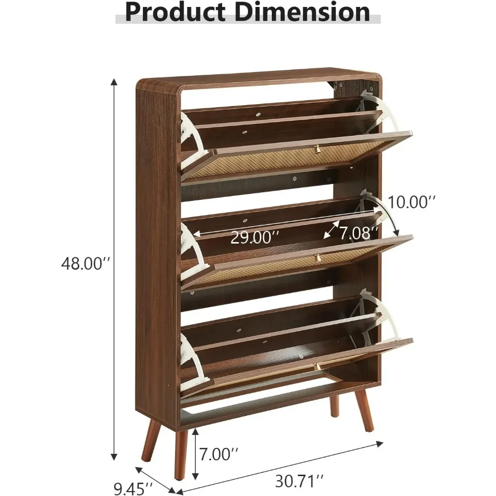 Shoe Storage Organizer with 3 Rattan Flip Drawers Hidden Shoes Rack for Entryway Hallway, Shoe Storage