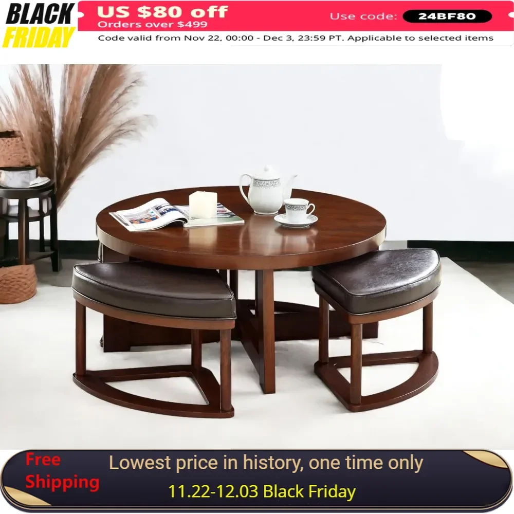 Round Coffee Table, 36” with 4 Stools, Modern Coffee Table for Living Room, Round Wood, Coffee Table Set