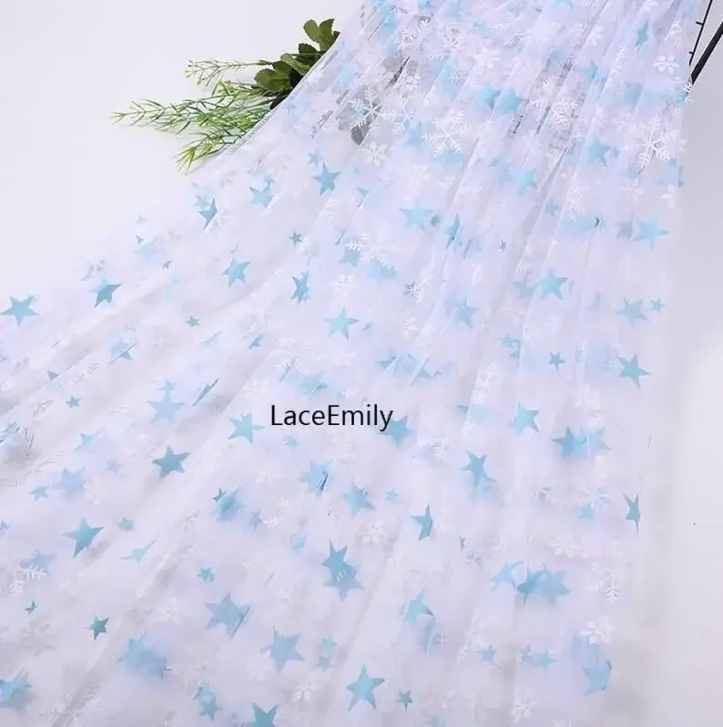 Tessuto di pizzo con motivo fiocco di neve stelle rosa Tessuto di tulle morbido con stampa fiocco di neve bianco stelle blu per abito da sposa vestito da ragazza bambino