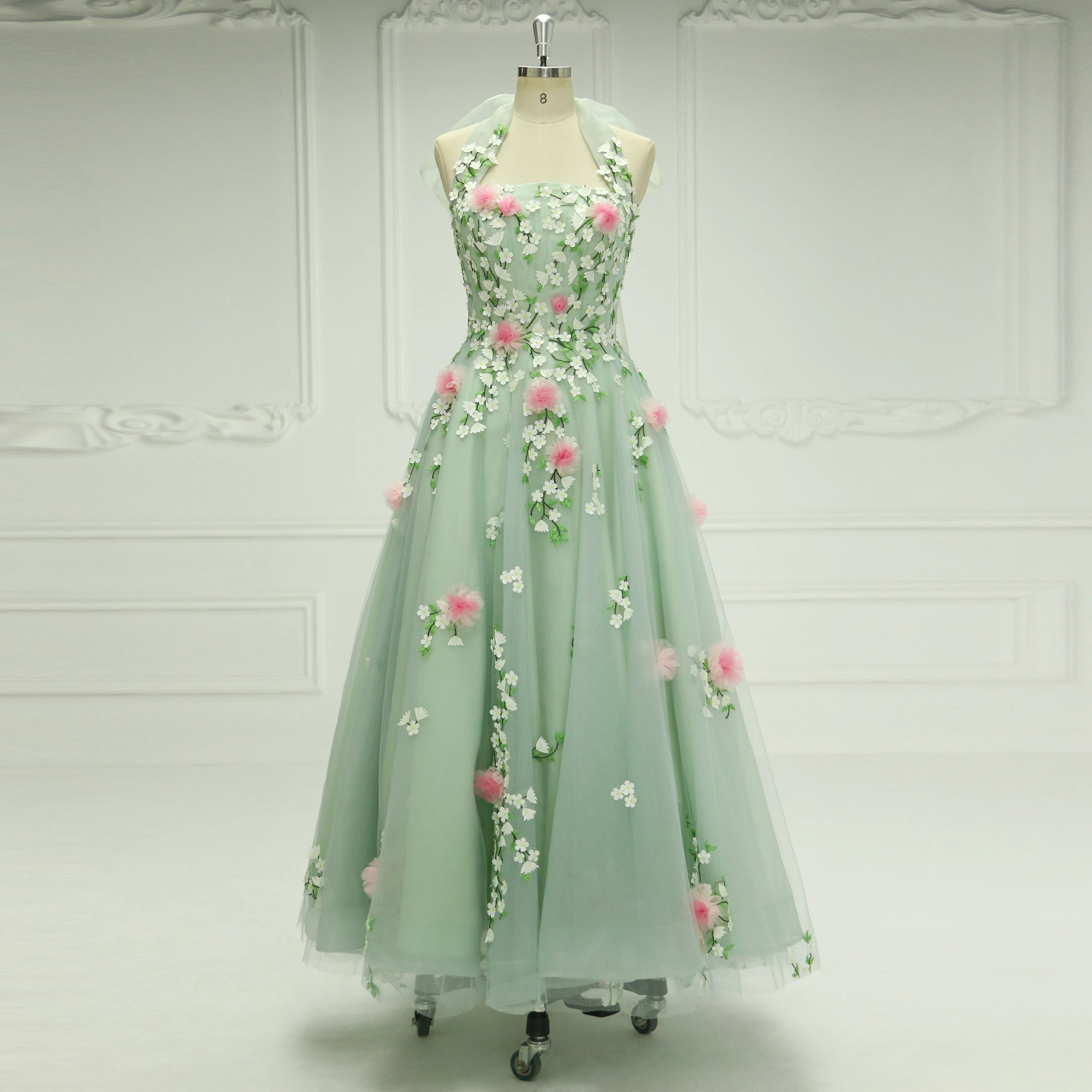 

Sage Green Floral Sleeveless 3D Flower Tea Party Dresses Graduation Prom Dress Evening Gown YEWEN YE2539