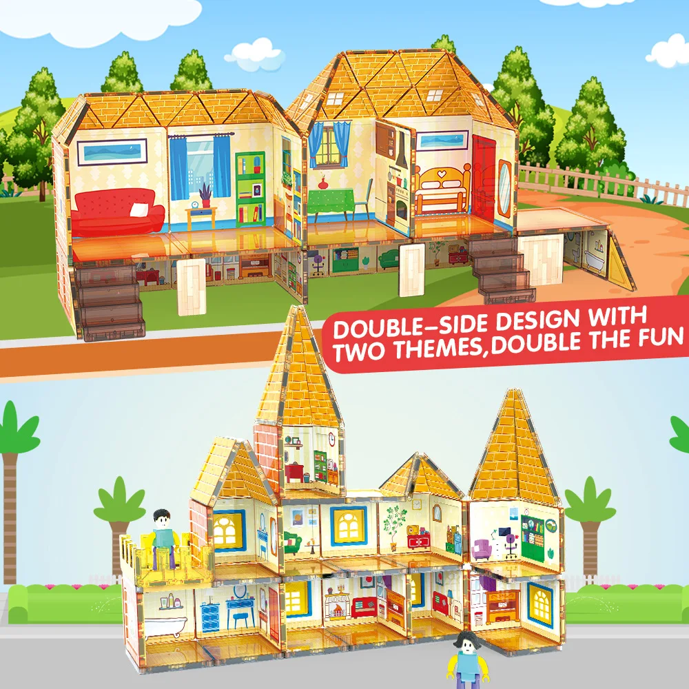 Kinderschloss Villa Magnetblatt Baustein farbiges Fenster magnetische Anziehung Jungen und Mädchen zusammengebautes Spielzeug