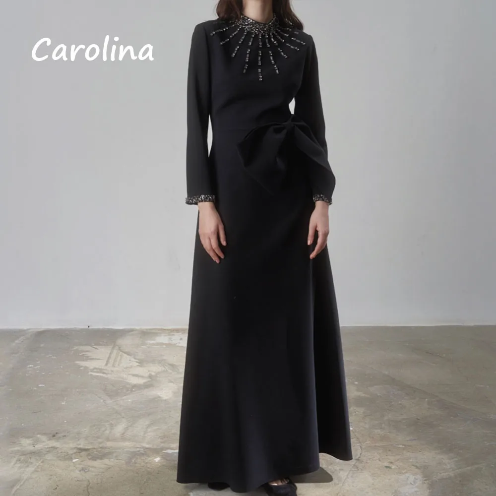 

Carolina Black Simple O-Neck Beading Mermaid Formal Evening Dress Saudi Arabia 2024 Slim Bow Crepe Long Floor-Length Prom Dress