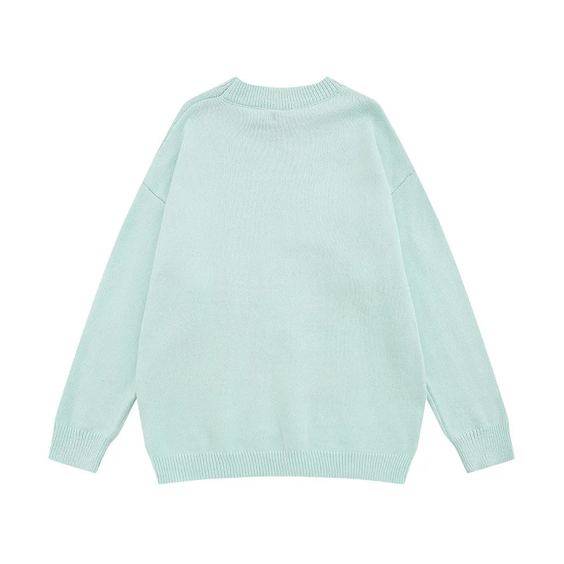 Orange Jacquard Knitted Sweater Mens Autumn Winter Casual Loose Crew Neck Long Sleeve Pullover Men