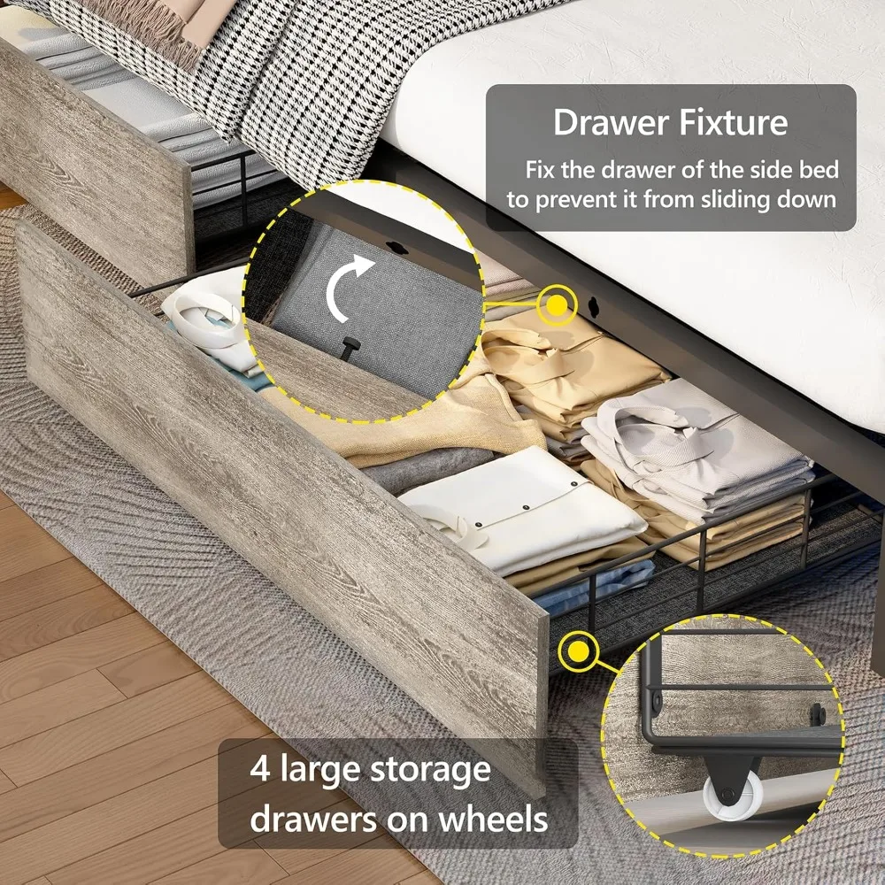 Queen Bed Frame with 4 Storage Drawers and Bookcase Headboard, Type-C & USB Charging Station, Metal Platform Bed with Storage image 4