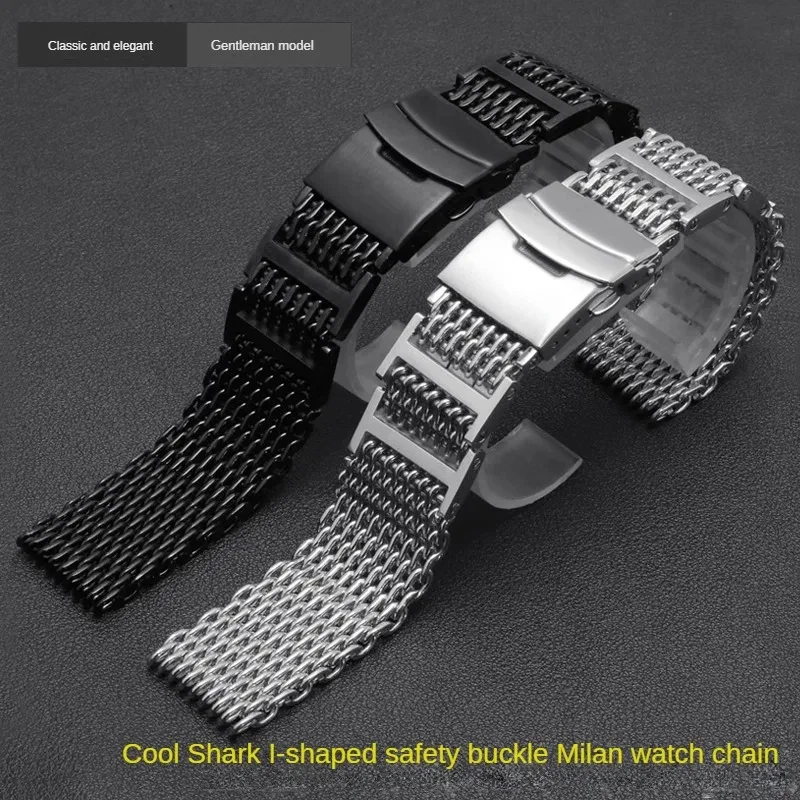 Universal Brands Flat Straight Mouth Solid Steel Watch Strap With 20/22/24mm Cool Shark Stainless Steel Mesh Chain