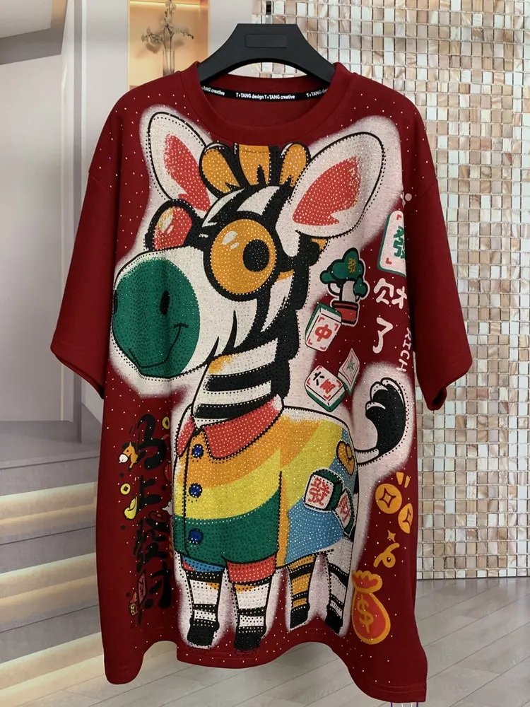 Trendy Brand Fashion Heavy-duty Full Diamond Cute Zebra Cartoon Age-reducing Loose Short-sleeved T-shirt Top Oversized T Shirt