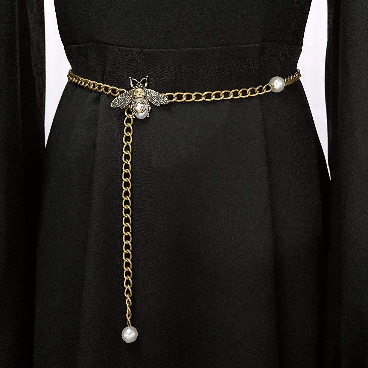 

Elegant Imitation Pearl Thin Waist Belt for Women Metal Chain Slim Belt Fashion Ladies Dress Accessory Adult Waistband Strap