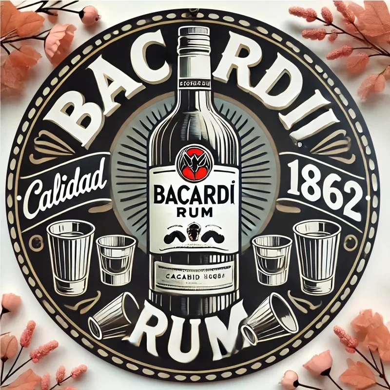 2D Flat - 1pc Bacardi Rum 18.62inch Round Aluminum Sign - Vintage Style with Bacardi Bottle & Glasses Design, Durable Metal