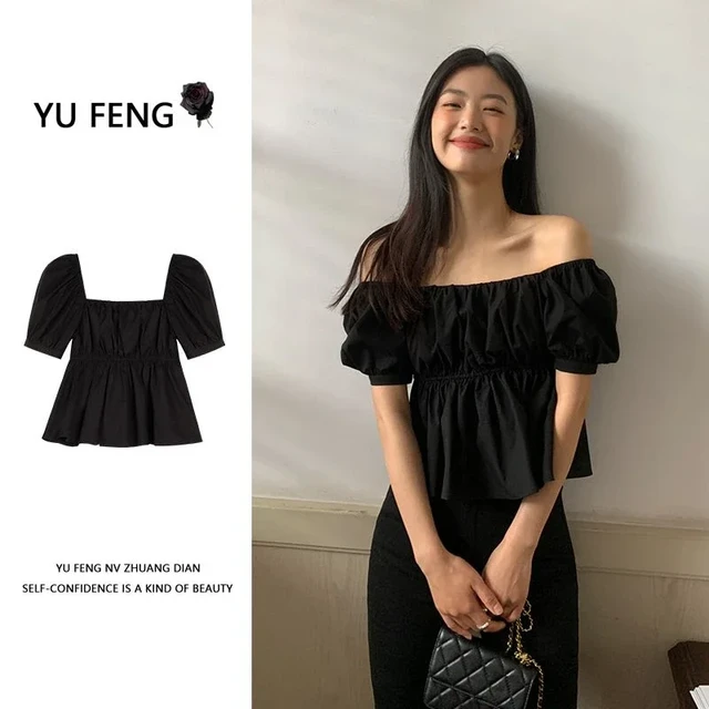 Camicia con maniche a palloncino con scollo quadrato nero Top da donna Estate New Chic Off Sholuder Camicia da bambola sexy Camicette corte slim Abbigliamento donna AliExpress
