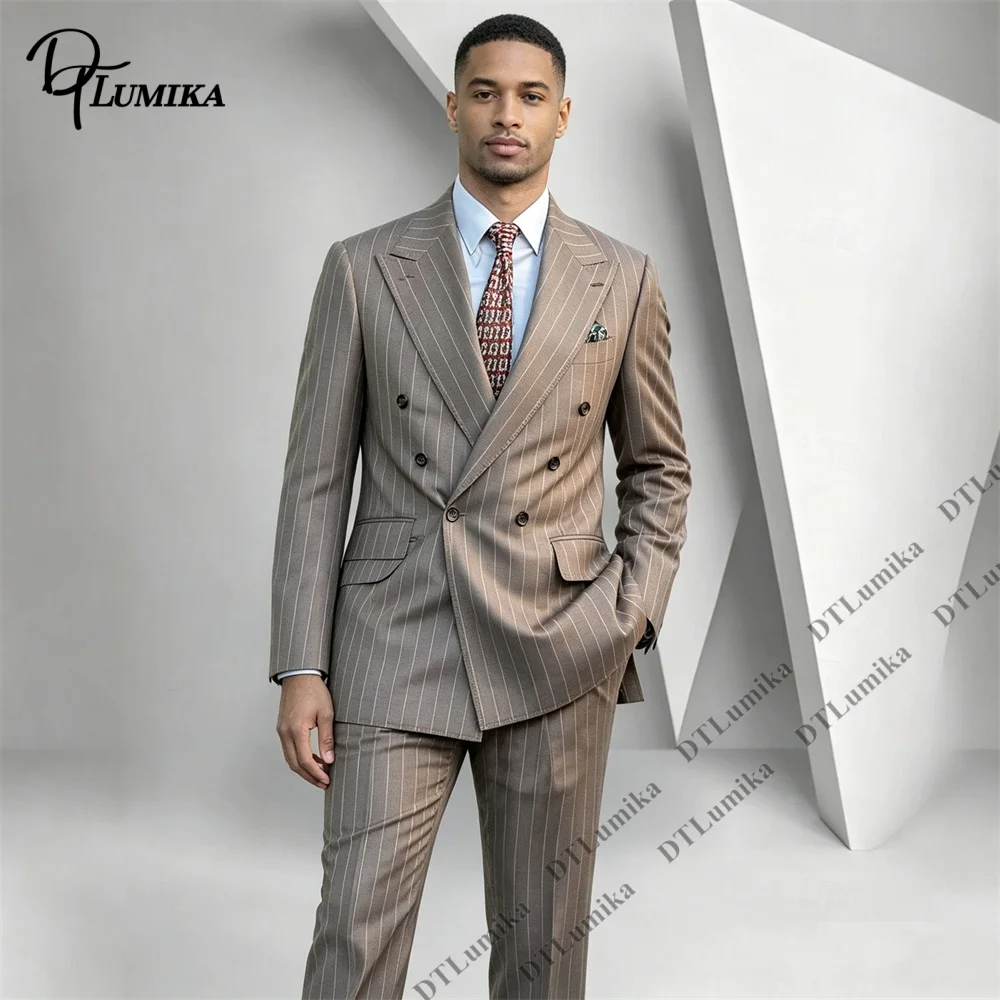 Men's 2 Piece Pinstripe Double Breasted Suit Khaki Tan Blazer Pants Slim Fit Business Casual Wedding Prom Formal Wear Customized
