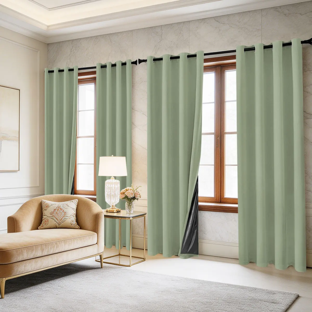 Green Grommet Light Blocking Curtains 4Pcs, Black Coated Solid Window Drapes for Bedroom Living Room Home Decor