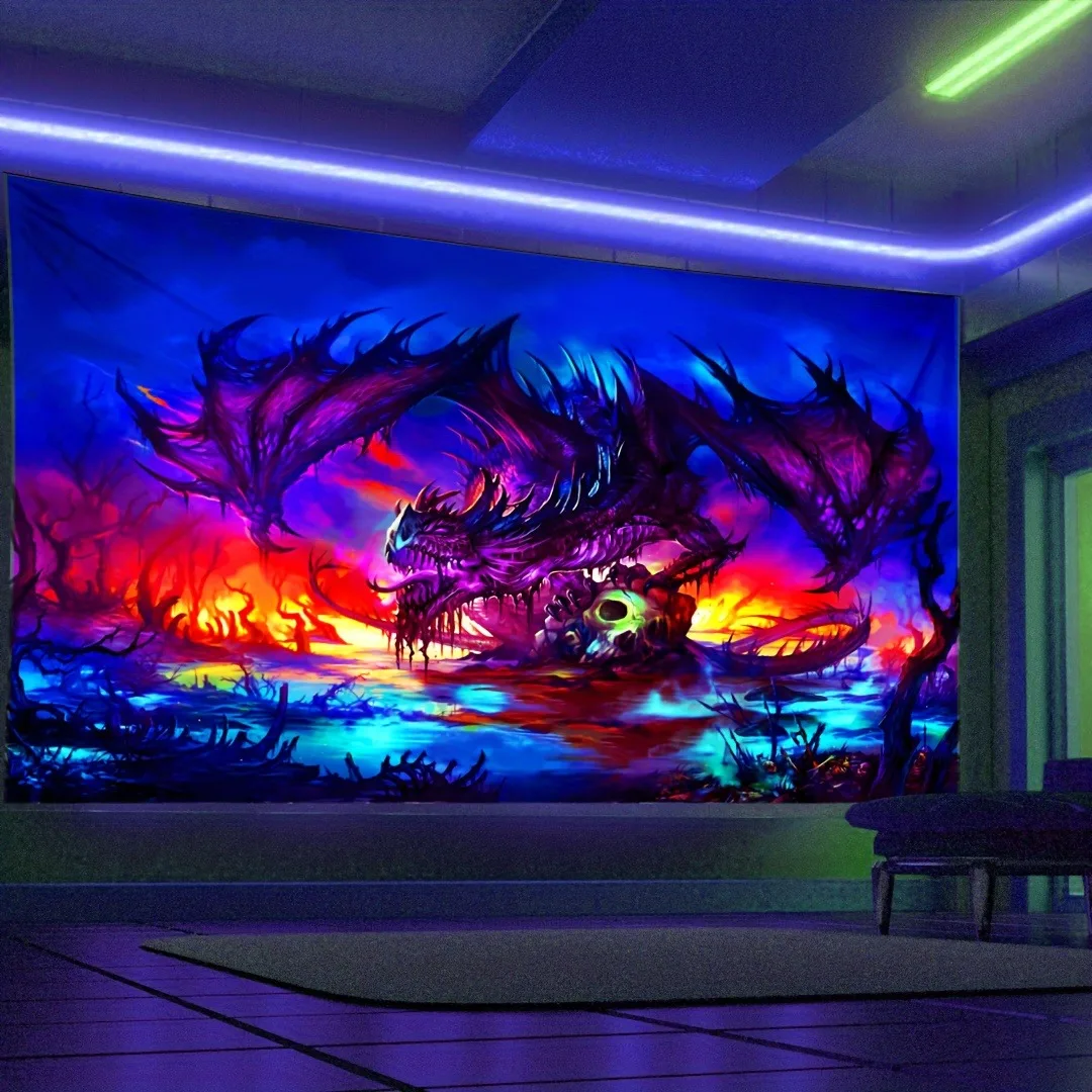 Purple Dragon Pattern Fluorescent UV Tapestry UV Reaction Halloween Decoration Fantasy Landscape Art