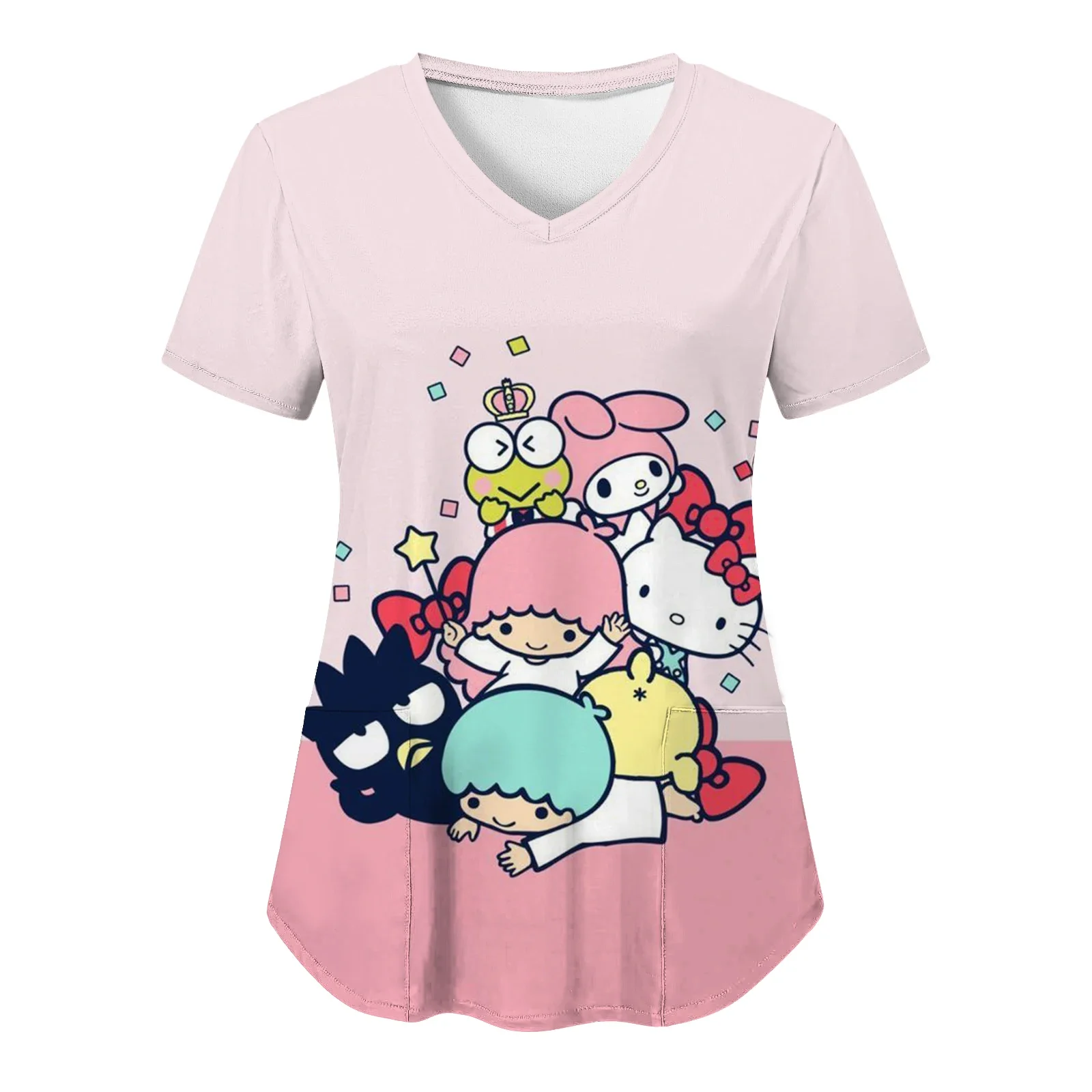 Women Working Uniform Hello Kitty Print Pocket Blouse Short Sleeve V-neck Tops Nurse Uniform Shop Workwear Heathcare Tunic