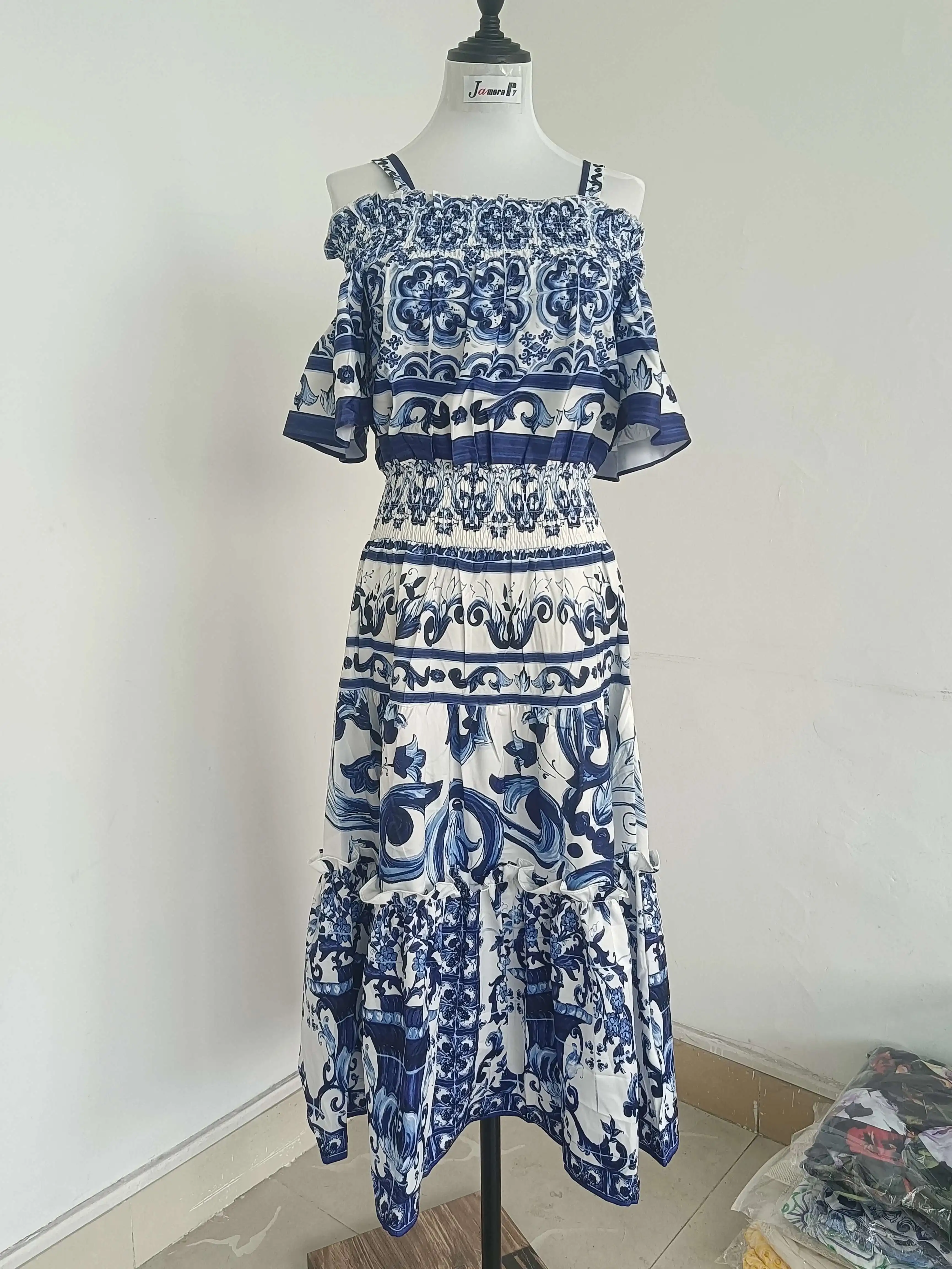 Summer Runway Designer Holiday Cotton Dress Women's Spaghetti Strap High Elastic Waist Blue White Porcelain Print Midi Vestidos