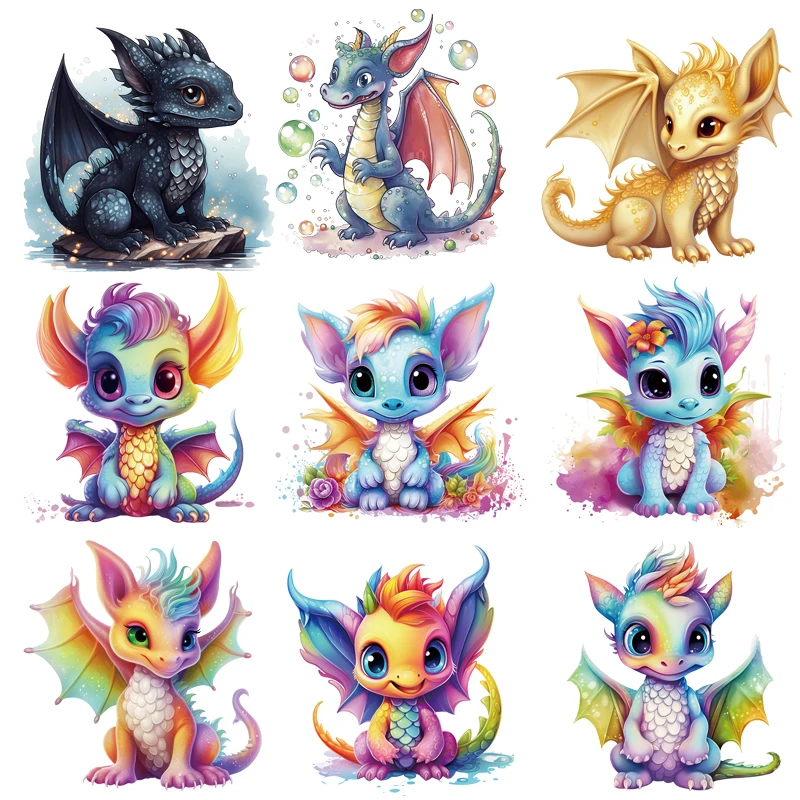 15cm Colorful Cute Little Dragon Baby Ironing Heat Transfer Printing Stickers DTF Vinyl Stickers Washable T-shirt Stickers DIY