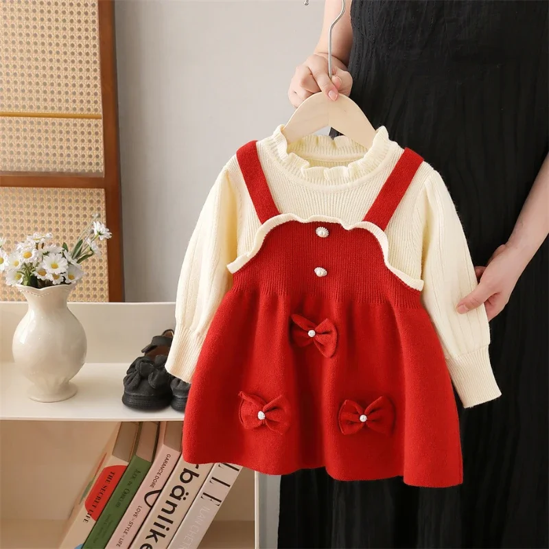 Girls Sweater Dress 2024 Fall/winter New Bow Cute Knit Long-sleeved Dress  Baby Girl Winter Clothes  Knitted Sweater 2-6y