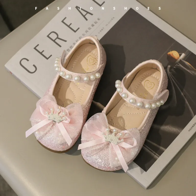 Girls Mary Jane Shoes with Bow-knot Fashion Kids Pearls Crown Princess Shoes for Party Wedding Children Leather Shoes Non-slip