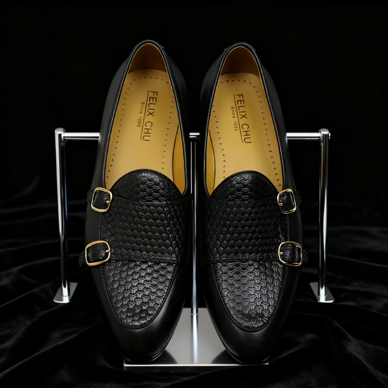 

Retro Double Monk Buckle Straps Casual Shoes Men Moccasins Black Brown Genuine Leather Flat Shoes for Men Businesss Loafers