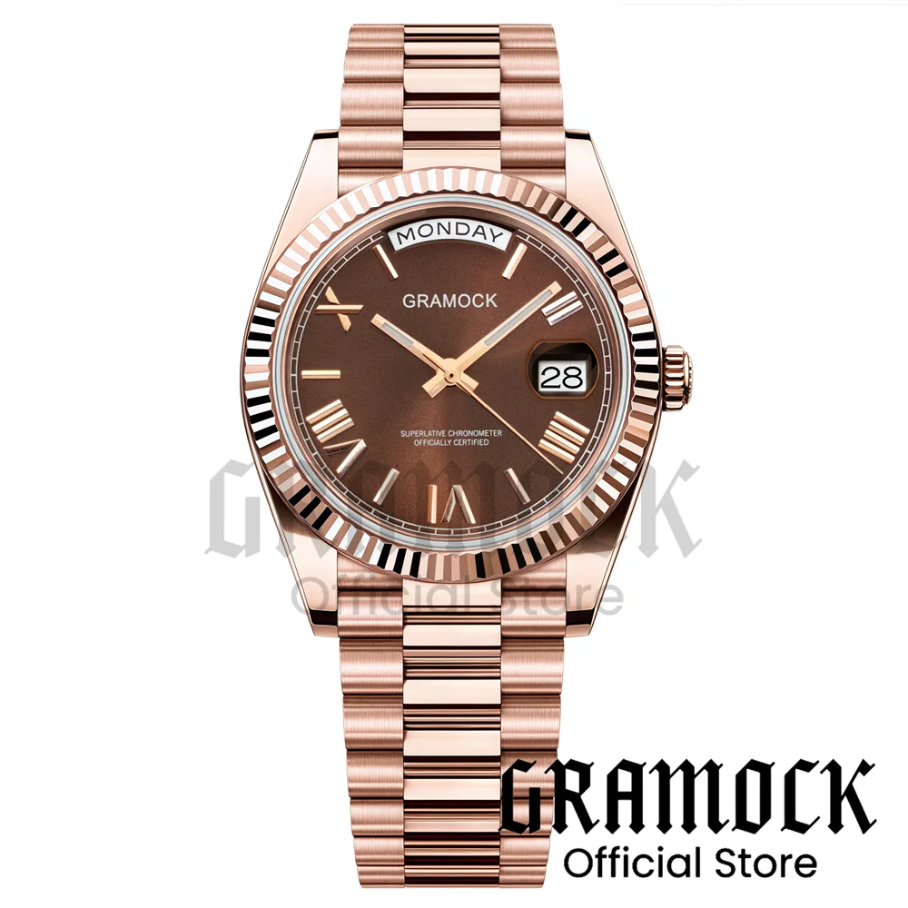 

Мужские роскошные механические наручные часы Gramock розового золота и коричневого цвета с датой недели и календарем для мужчин MIYOTA 8285, часы для дайвинга, мужские часы