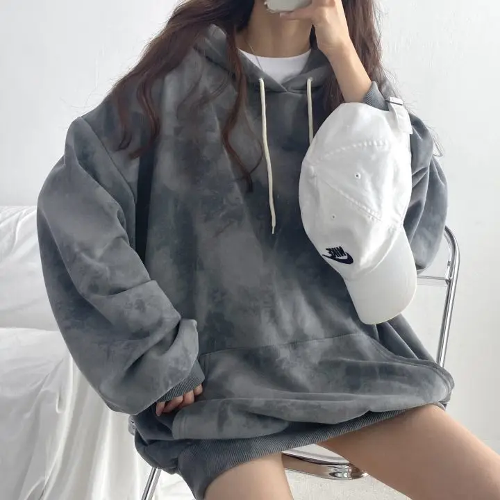 Hoodie Women Korean Retro Style Vintage Letter Tie Dye Print Casual Loose Sweatshirt O Neck Long Sleeve Pullover Streetwear