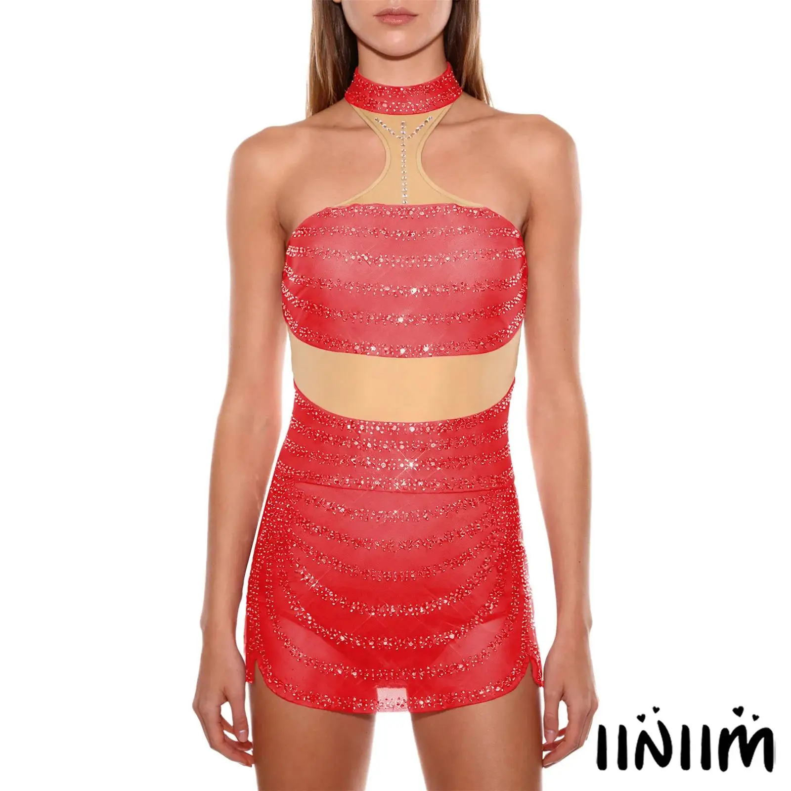 

Womens Latin Dance Leotard Dress Halter Sleeveless Color Blocking Irregular Hem Dresses for Cha-cha Rumba Tango Ballroom Dance