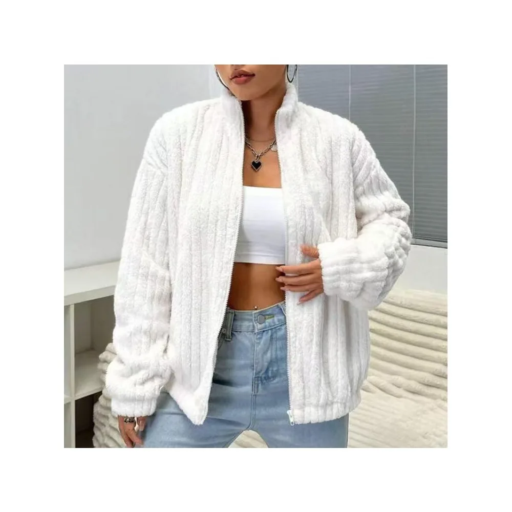 Women Winter Warm Plush Jacket 2026 Fuzzy Teddy Coat Zip Up Stand Collar Thick Fleece Long Sleeve Loose Casual Outerwear White