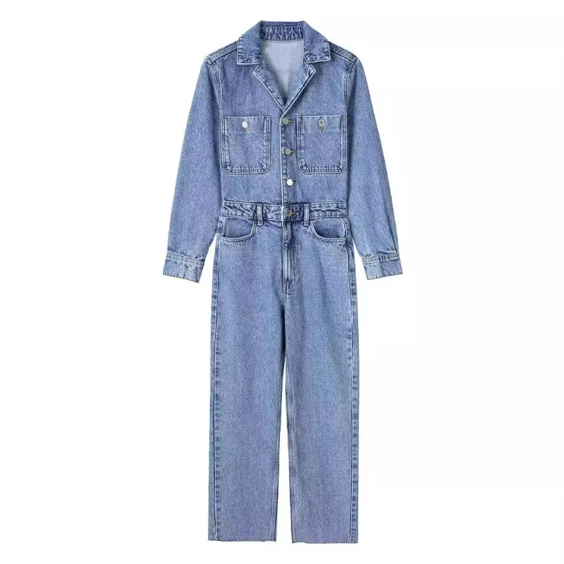 Jumpsuit Denim satu potong untuk wanita, jumpsuit wanita Lengan penuh kerah lipat Slim Fit pinggang ketat kaki lebar celana panjang overall kasual