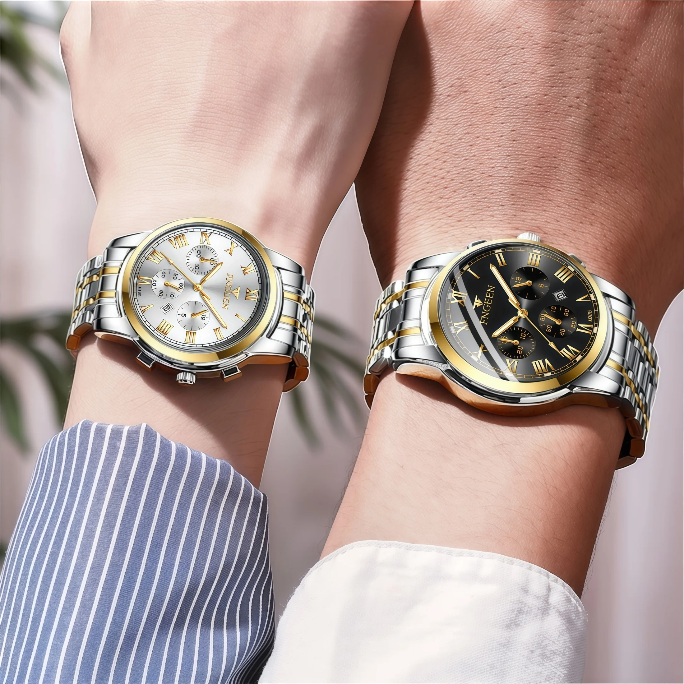 2Pcs/Set Couple Watch Fashion Valentine's Day Gift Stopwatch Roman Numerals Complete Calendar Function 30M Water-Resistance 4006