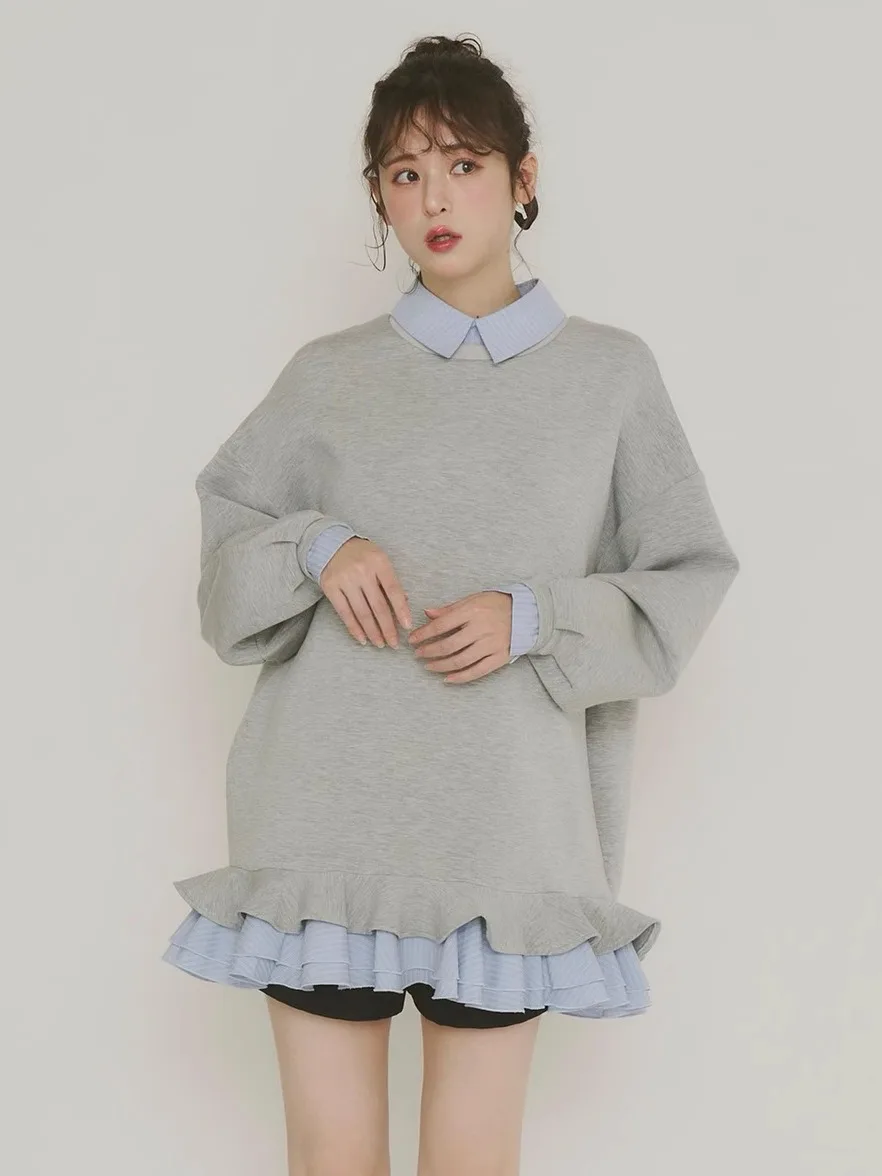 

Faionable Layered Cake Sle Толстовка с капюшоном irt Jaet Воротник-стойка Фальшивый свитшот из двух предметов Осенне-зимняя верхняя одежда Женская одежда...