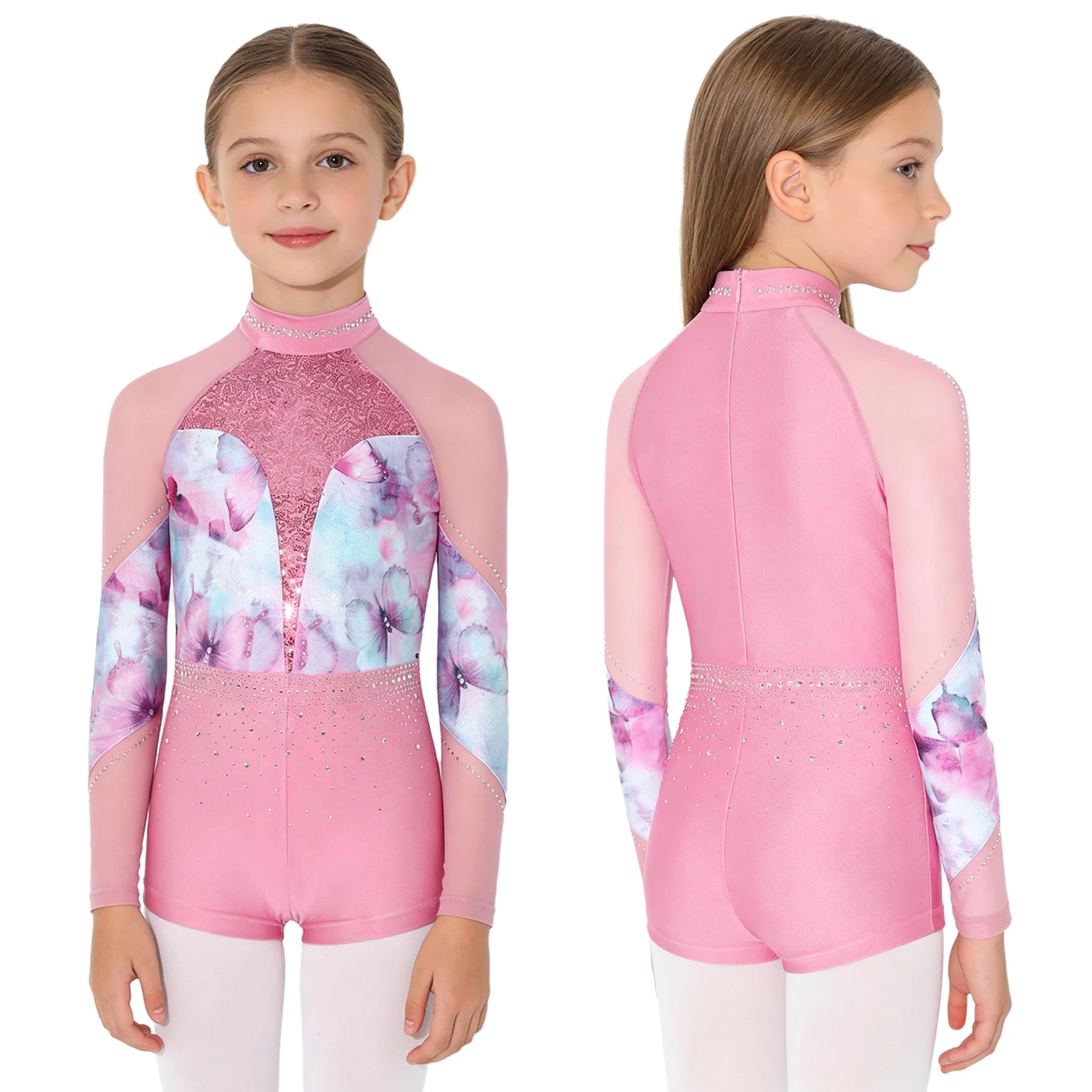 Kids Girls Figure Skating Gymnastics Ballet Leotard Long Sleeve Mesh Rhinestone Sequin Bodysuit for Dance Class Acrobatics Yoga