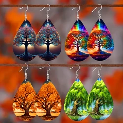 1pair Elegant Rainbow Tree Of Life Willow Tree Teardrop Earrings, Green Natural Wooden Dangle Pendant Jewelry For Girls Woman