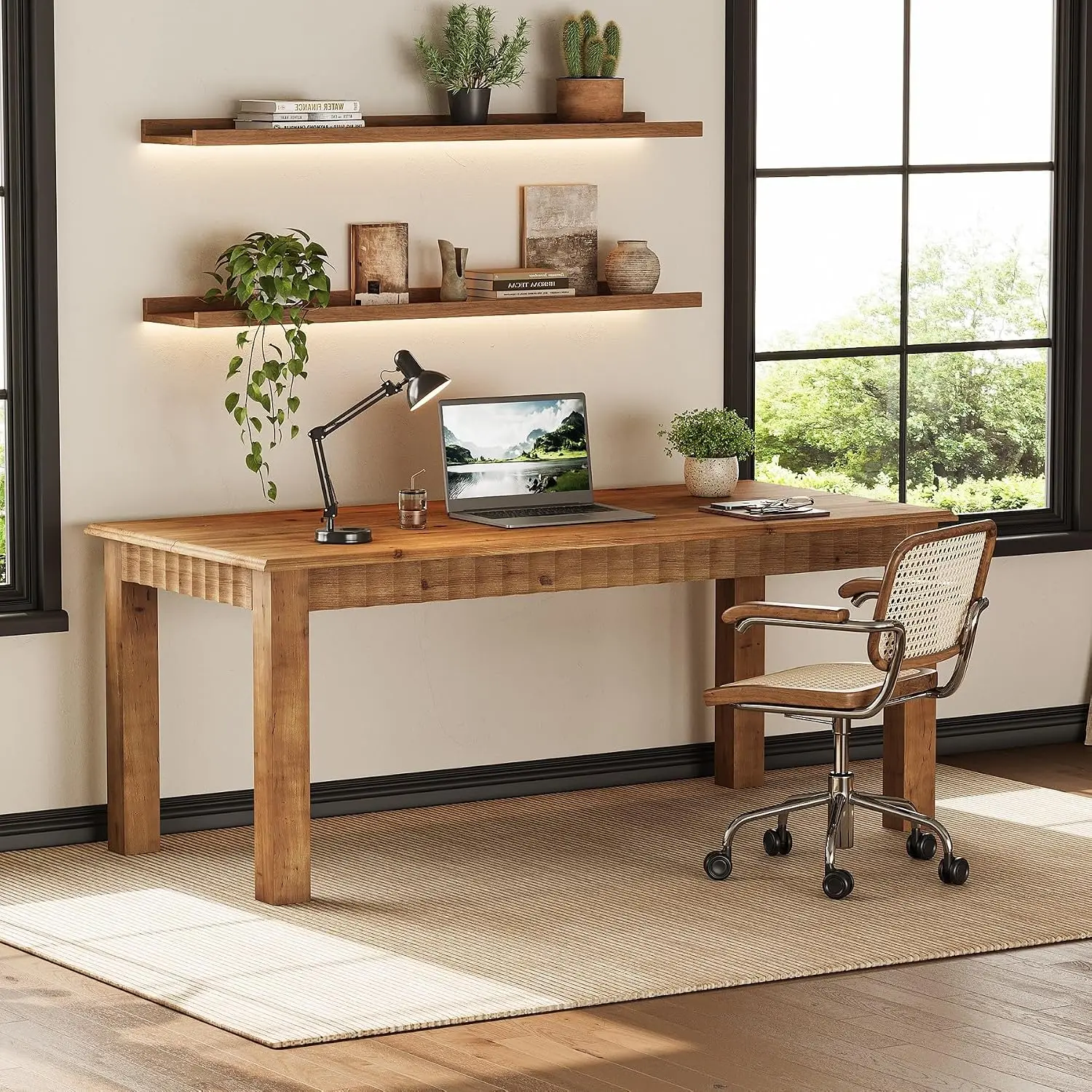 63-Inch Solid Wood Computer Desk With Sturdy Legs, Rustic Office Table For Writing & Study, Brown, Customized
