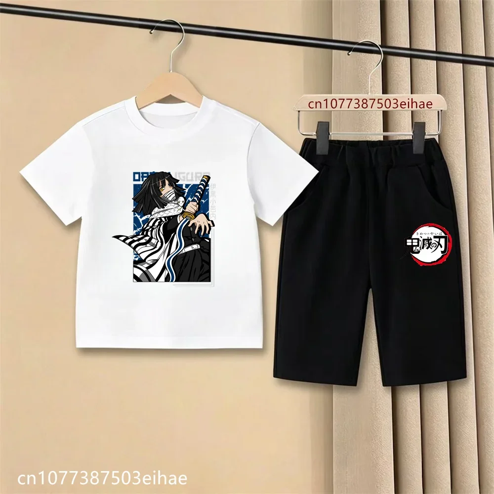 2026 Little Kids Demon Slayer Kimetsu No Yaiba Print Tee Casual Shorts Ghost Blade Design Summer Wear Anime Cartoon Outfit Set