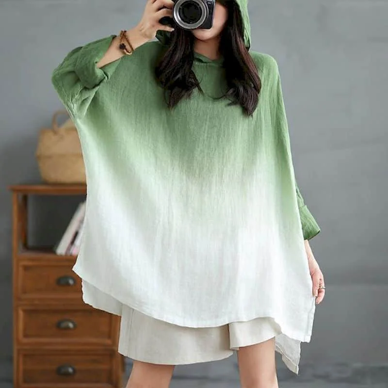 Literary T-shirts for Women Gradient Tie Dye Green Tees Oversized Casual Korean Style Long Sleeve Hooded Aesthetic Clothes Trend