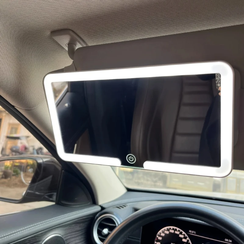 Espelho de Maquiagem LED Recarregável para Quebra-Sol de Carro com Luz HD Regulável, Acessório de Beleza Portátil Universal com Clipe para Veículos, Presente