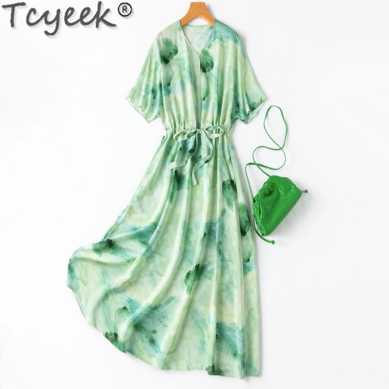 

Tcyeek 100% Mulberry Silk Dress Elegant Women's Dresses Long Dresses for Women 2024 Summer Clothes Party Dress Vestidos De Mujer