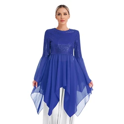 Womens Sparkly Chiffon Liturgical Praise Dance Tunic Irregular Hem Worship Dance Overlays Top Modern Contemporary Tutu Dress