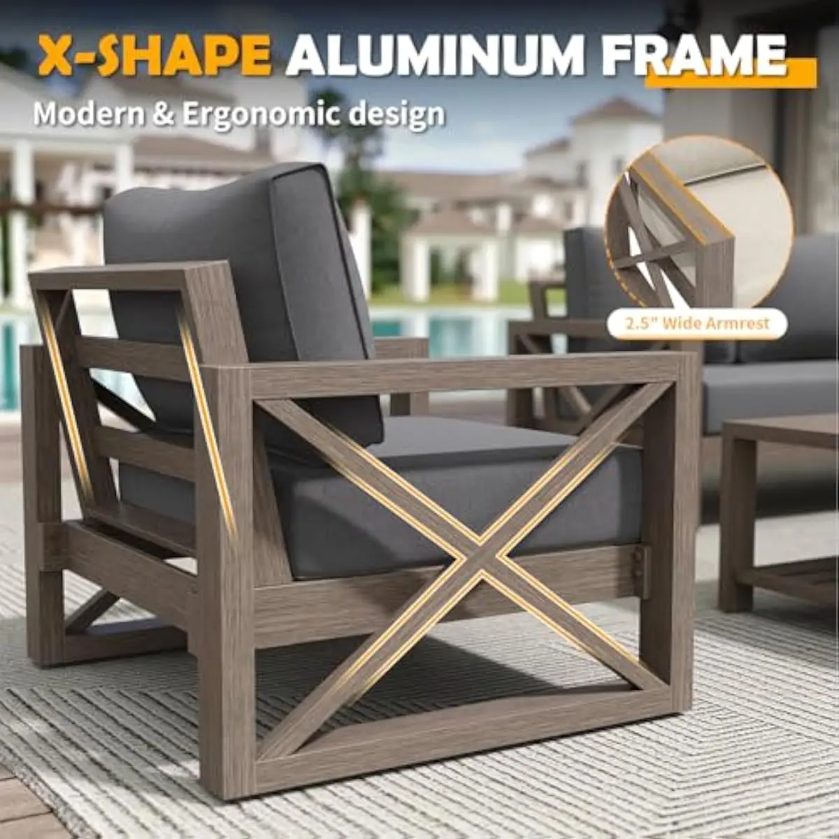 8-piece modern aluminum patio set with faux wood grain finish, rectangular silhouette, 6-inch olefin cushions, waterproof covers