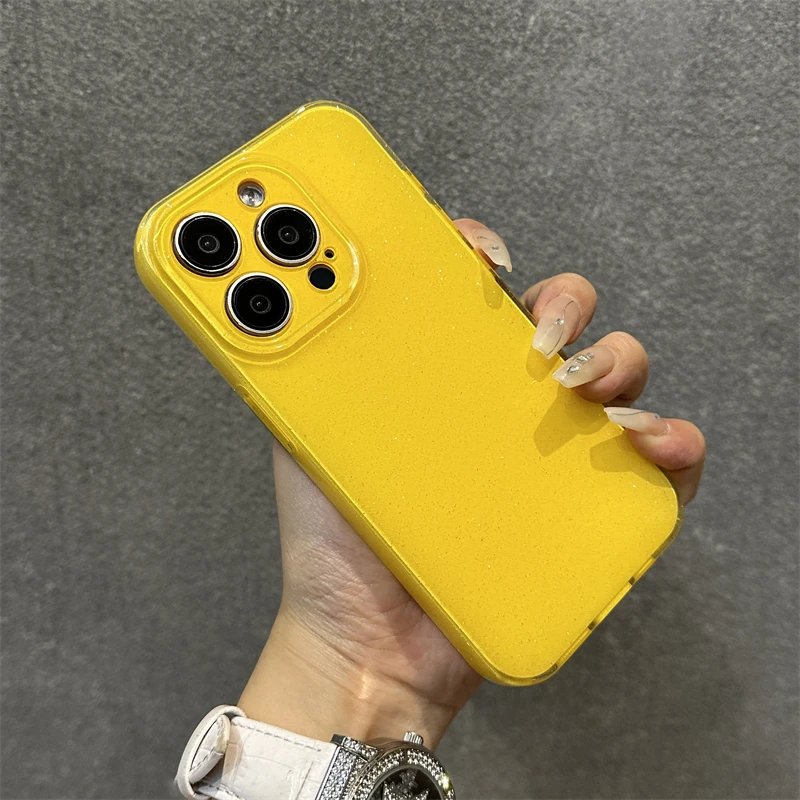 

Bright Fluorscent Yellow Glitter Phone Case For iPhone 16 15 13 14 12 11 Pro Max 16e XS XR X 7 8 Plus SE Soft Silicone Cover
