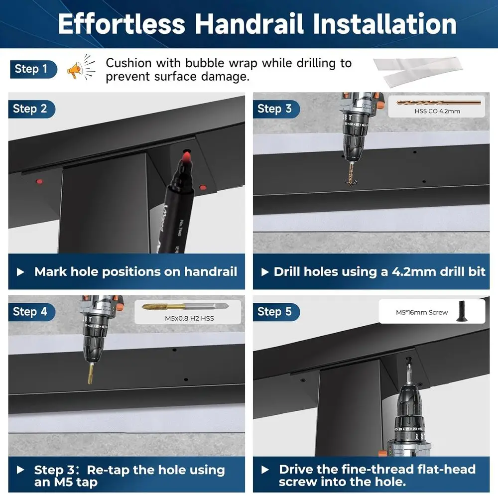 درابزين أسود T304 من الفولاذ المقاوم للصدأ، عبوتان مستطيلة، حاجز علوي مسطح قابل للقطع، 8 أغطية نهاية من النايلون للسطح الداخلي والخارجي S