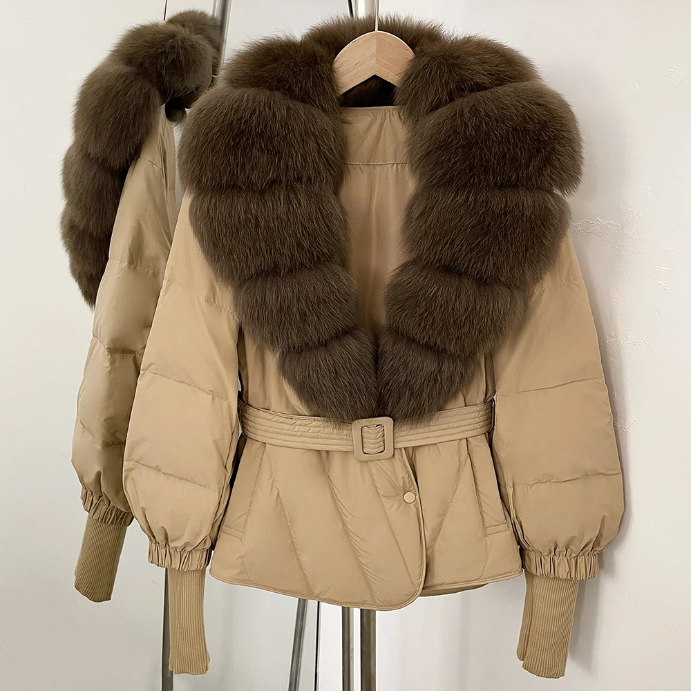 Frauen Echt Fox Pelz Jacke Winter Puffer Jacke Weibliche Lange Ärmel Gestrickte Oberbekleidung Dünne Beiläufige 2025, Neue Weiße Ente Unten mantel