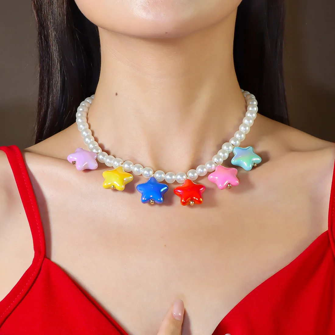 DIY accessories European and American colored pearl necklace, simple versatile dopamine star collarbone chain neck chain NK26350