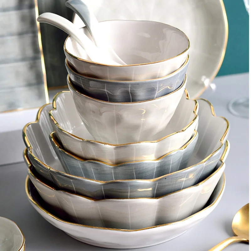 

Luxury Wedding Ceramic Plate Set Gold Food Birthday Serving Decorative Dinner Cutlery Sauce Full Tableware Vajilla Set Dishes