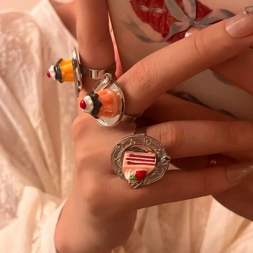 Retro New Exquisite Fork Strawberry Cake Ring Open Spoon Mousse Cake Rings Korean Style Chunky Jelly Finger Ring Girls