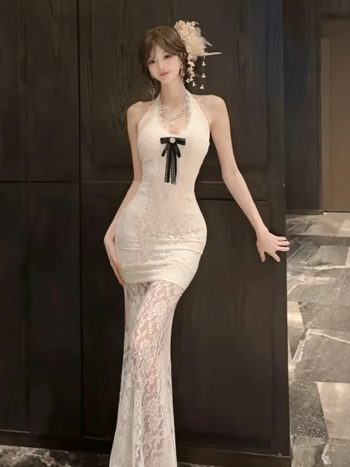 

Elegant Gentle Neckline Backless Slim Fit Lace Tail Skirt Women Spring Summer New Sexy Pure Desire Waist Cinching Dress