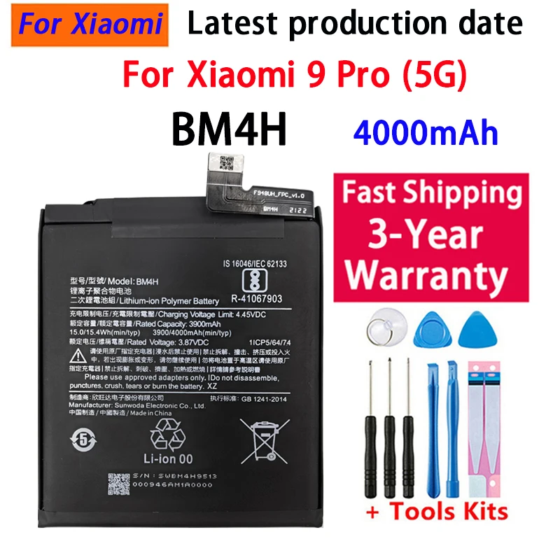 100% BM4H 4000mAh Battery For Xiaomi 9Pro Mi9Pro Phone Replacement Batteries With Free Tools