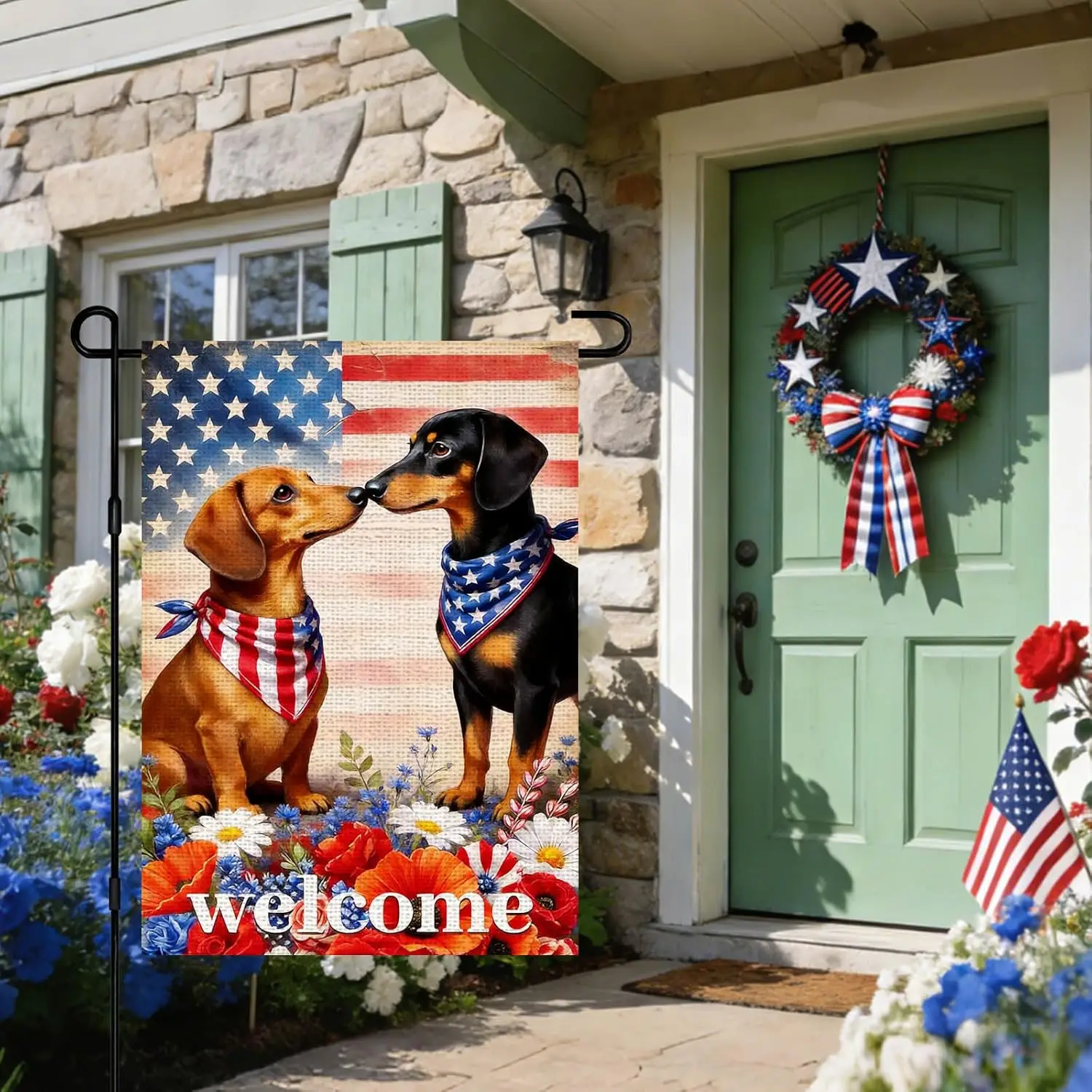 IVN Patriotic Dachshund Dogs American Flag Garden Flag 12x18 Burlap Welcome Stars Stripes Bandanas Vintage Flag Background W AAS