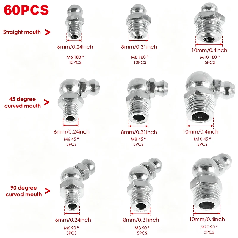 60/120Pcs Metric Grease Fitting Kit 9 Type Galvanized Metal Hydraulic Grease Zerk Assortment Set M6 M8 M10 Vehicle Nozzle Fuel