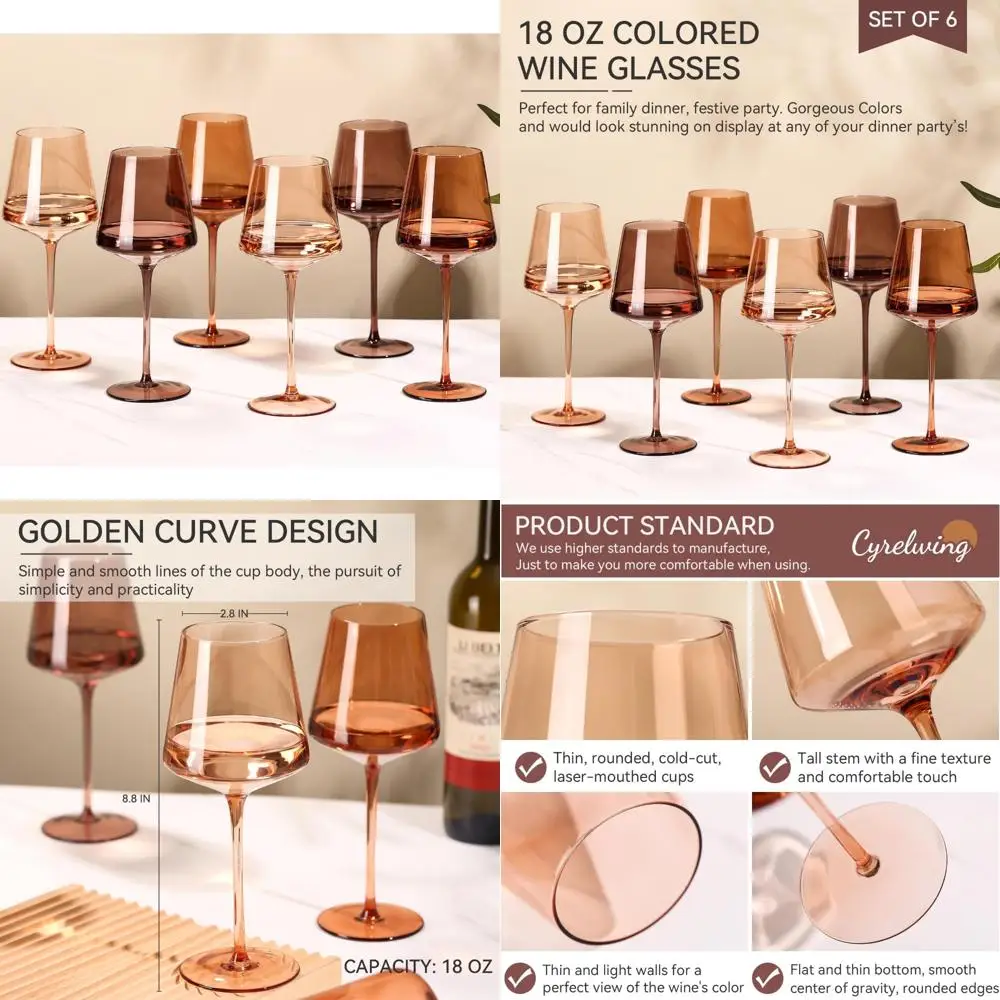 

Amber Crystal Stemmed Wine Glasses Set of 6 - 18oz Hand Blown Brown Glassware for Seasonal Celebrations