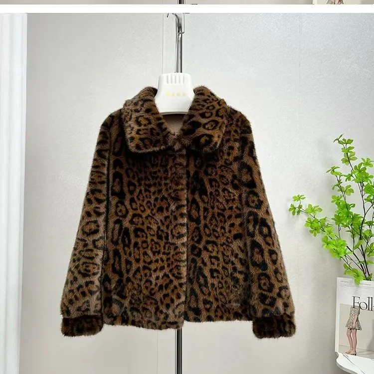 Thickened Short  Fur Coat Leopard Print Women's Fashion Loose Style Princess Wind Chinese Brand Autumn Long Sleeve Coat